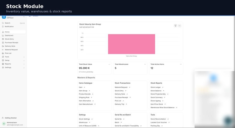 ERPNext Stock module — inventory value across warehouses