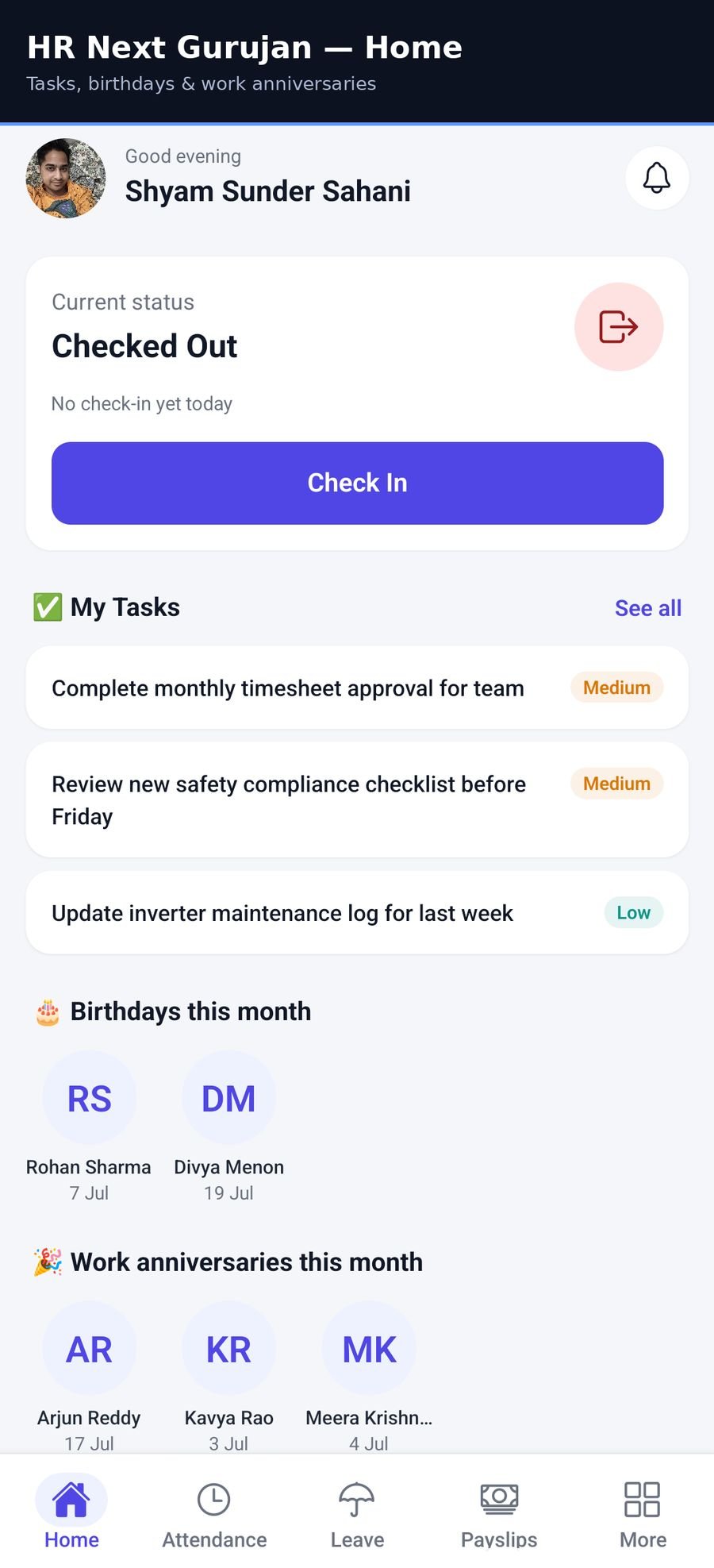 HR Next Gurujan app home screen